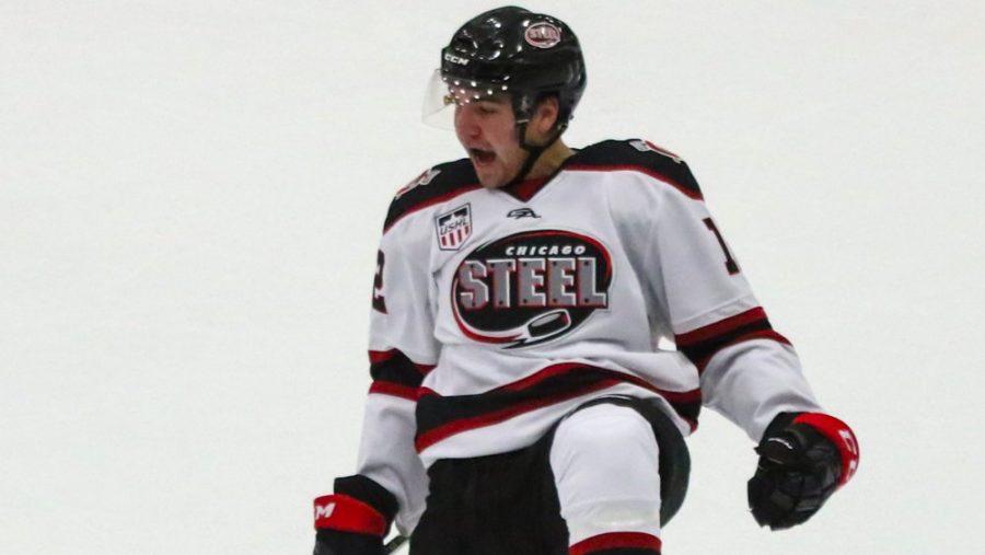 Dugan+celebrates+after+making+big+play+with+Chicago+Steel+of+the+USHL.