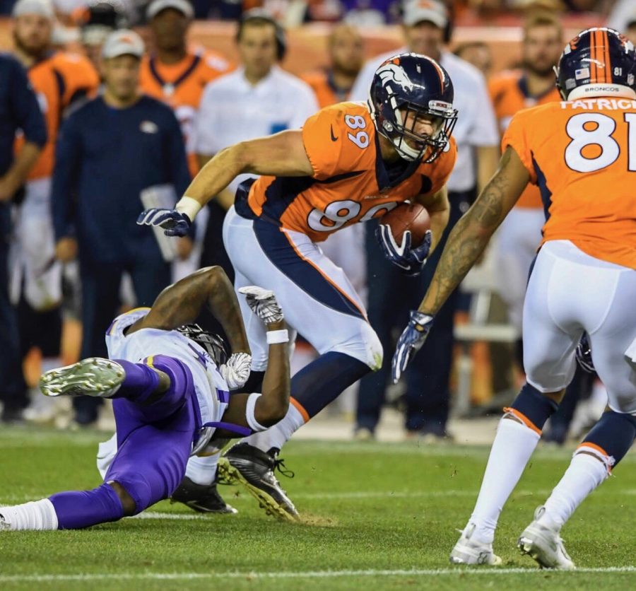 Brian+Parker%2C+09+runs+with+the+football+while+playing+for+the+Denver+Broncos.+He+is+currently+on+the+Broncos+active+roster.