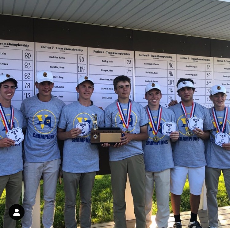 The McQuaid Golfing Knights hold the Section V brick after winning sectionals last season at Wildwood Country Club.