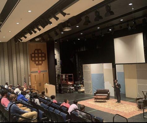 McQuaid alum, Emery Lewis (class of 06), speaks at a Black Student Union meeting about his experiences as a student at McQuaid, on October 29th, 2020, in McQuaids auditorium. Mr. Lewis lead this discussion with students and talked about his experiences as a minority at a predominantly white school.