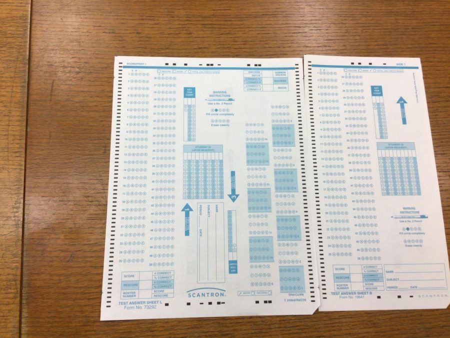 These unused scantrons in the office at McQuaid Jesuit are usually used for Midterm Exams. Because COVID-19 cases are on the rise, Midterm Exams are cancelled and testing materials like these won’t be used until further notice. 